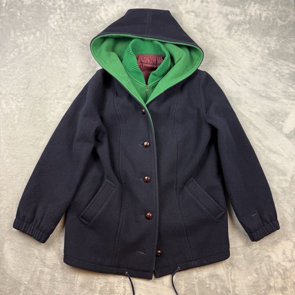 Vintage M Liman Peguin Fashions Wool Hooded Coat Womens Made USA Navy Green 12